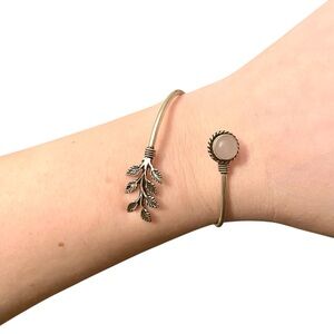 Pink Rose Quartz Silver Bracelet with Silver Leaf